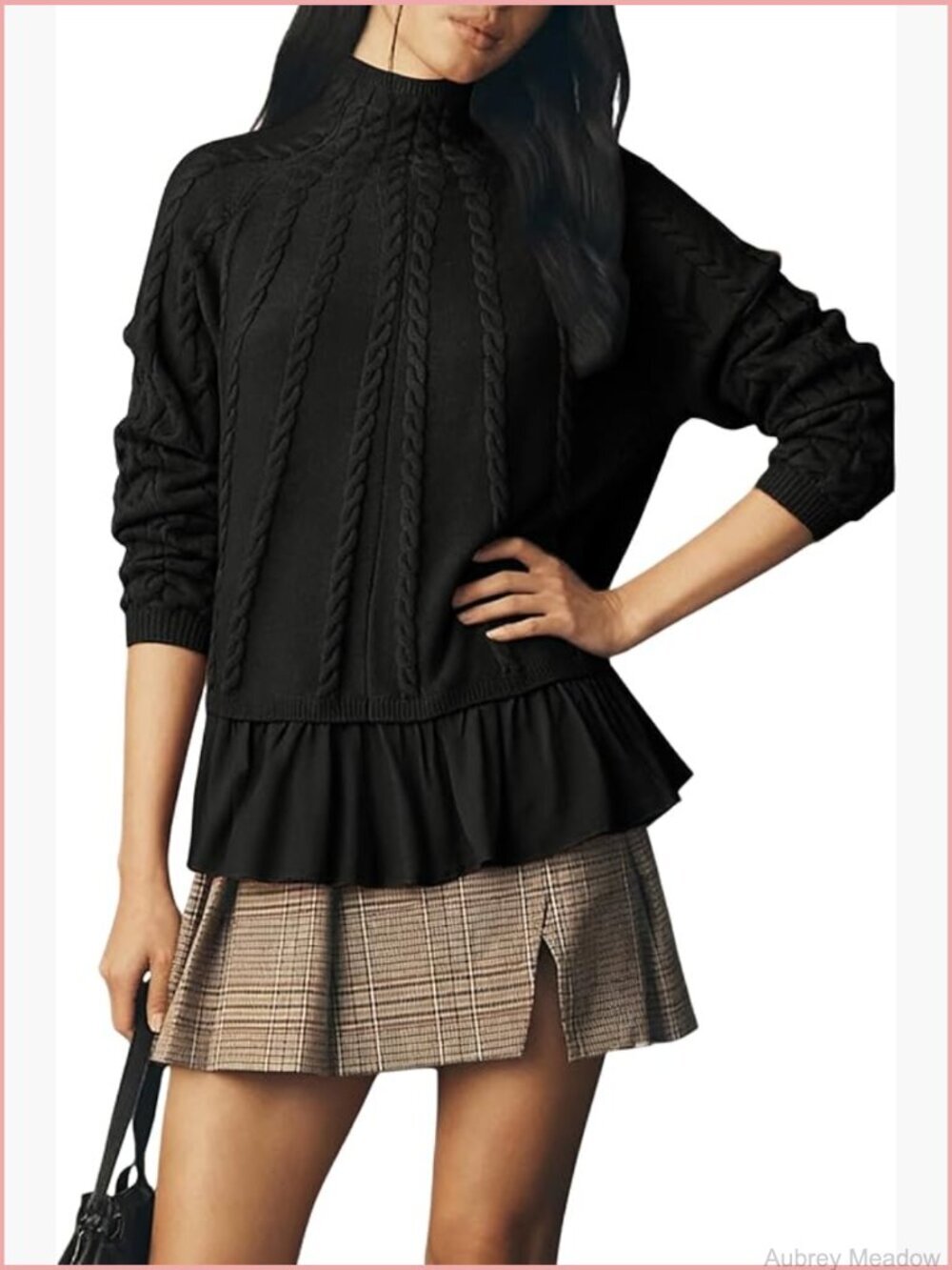 Women's Turtleneck Oversized Cable Knit Sweater Pullover Ruffle Hem Long Sleeve